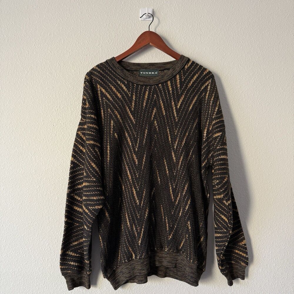 VTG 90s Tundra Sweater Mens M Brown Tan Geometric 3D Textured Earthy Streetcore